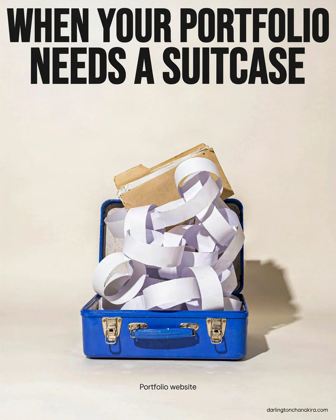 An overstuffed suitcase holds six paper link symbols. Text: When your portfolio needs a suitcase. Portfolio website.