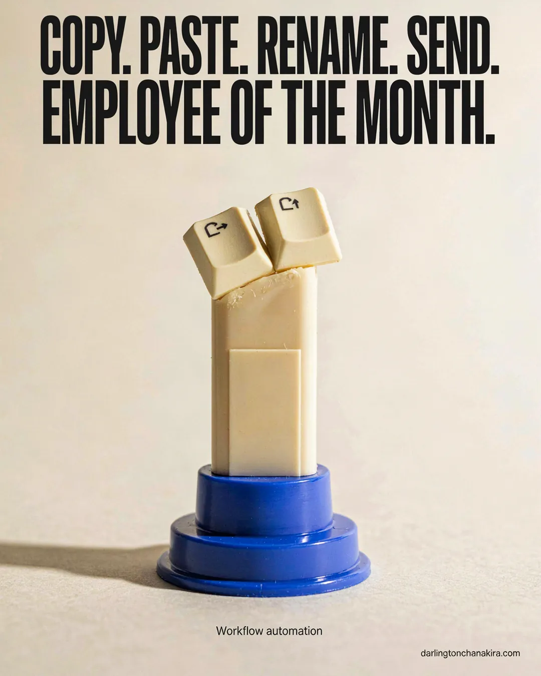 A toy trophy is topped with copy and paste keys. Text: Copy. Paste. Rename. Send. Employee of the month. Workflow automation.