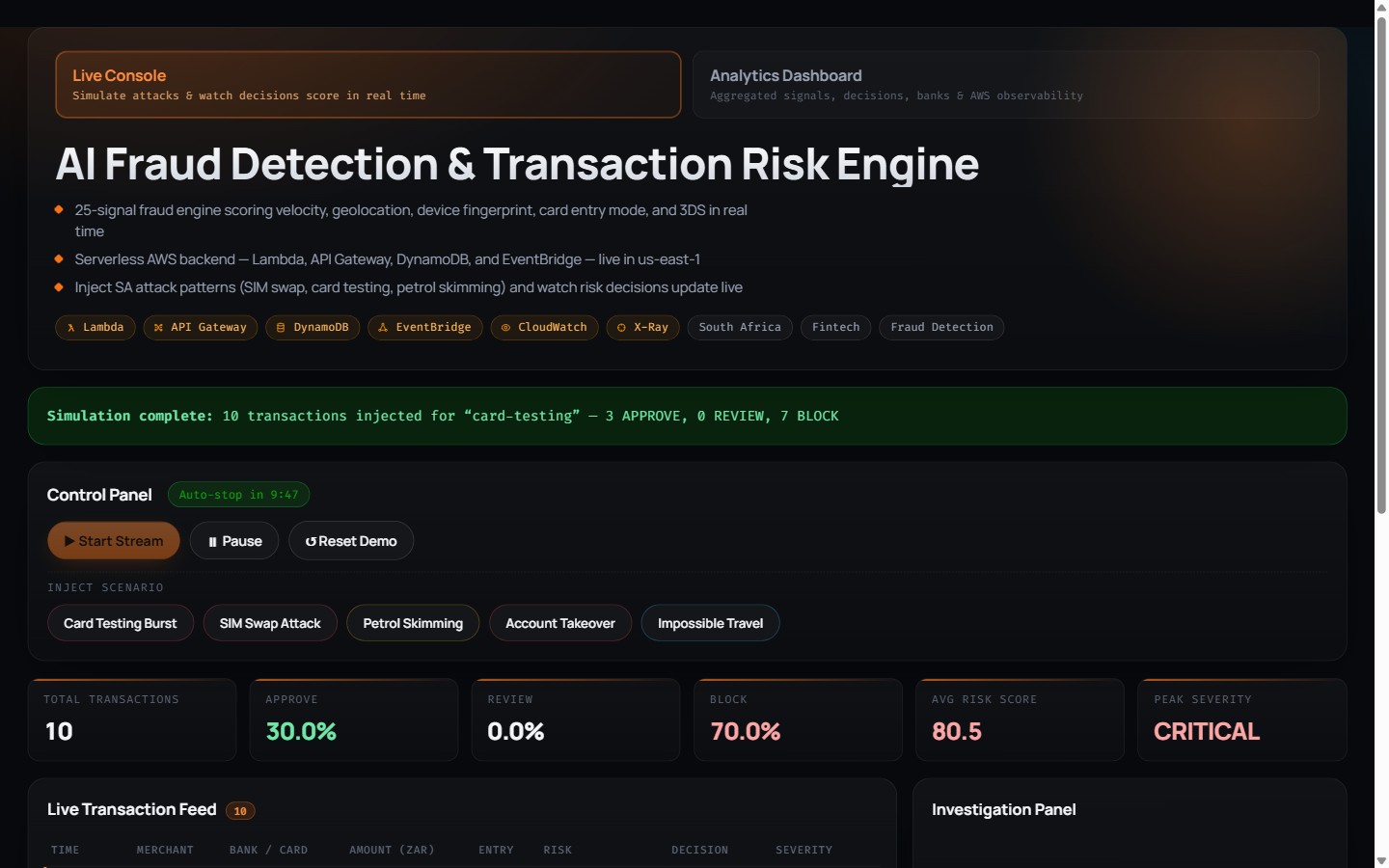 Risk Engine Dashboard screenshot